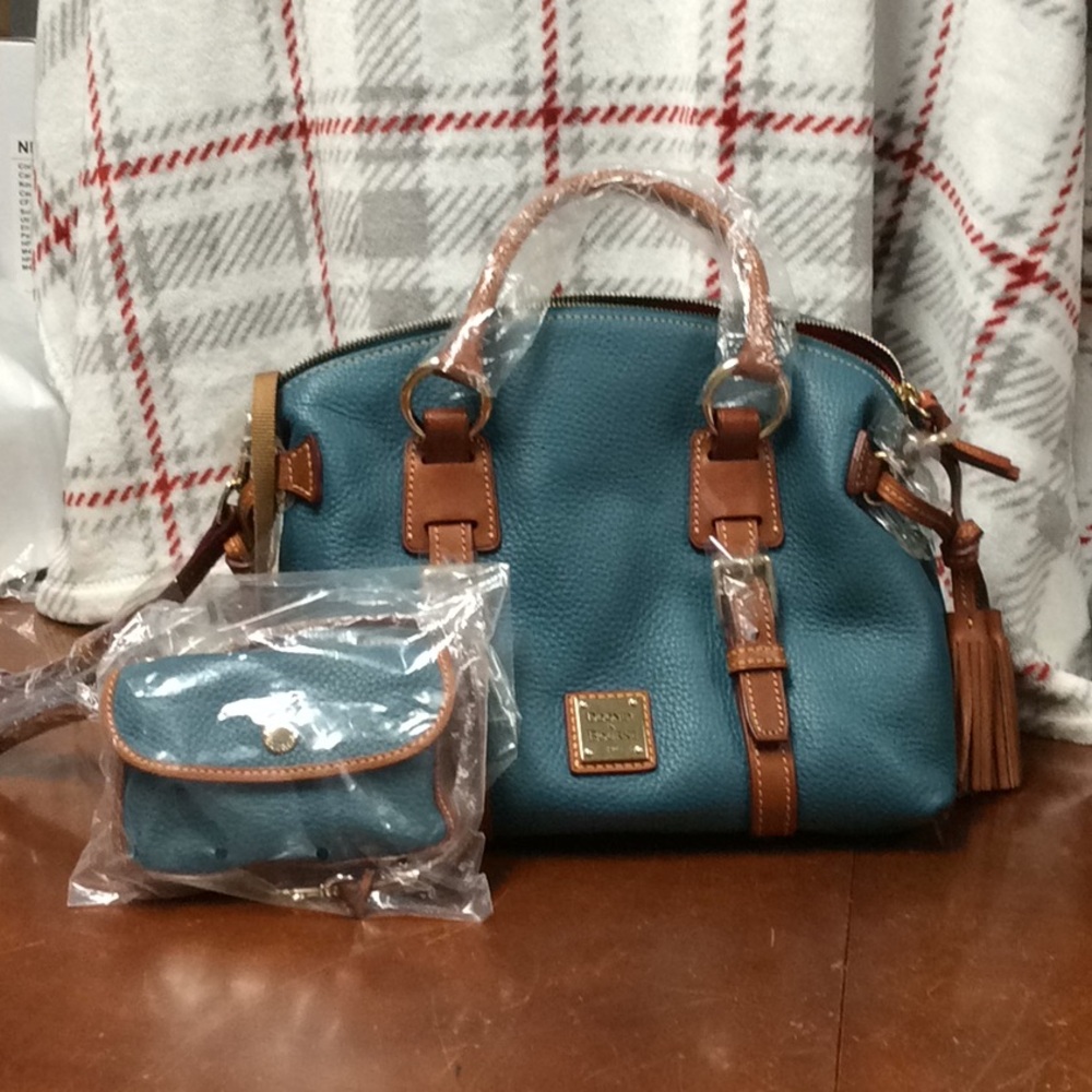 Dooney & Bourke Celadon Teal Bristol Pebble Leather Satchel with Brown Trim